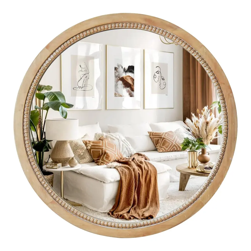 24 inch Round Decorative Mirror, Natural Wooden