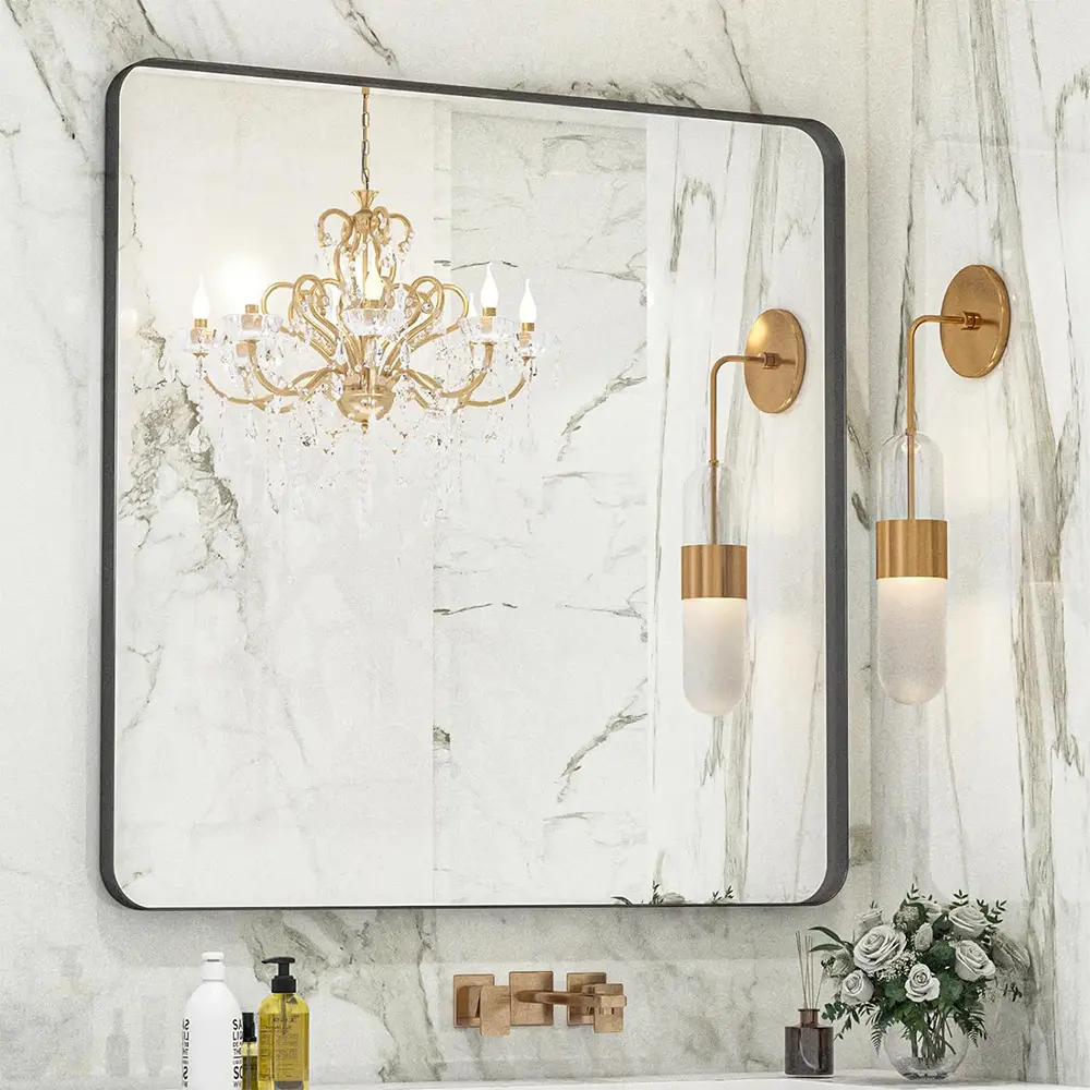 36×36 Inch Deep Rectangle Mirror, Black, Tempered Glass