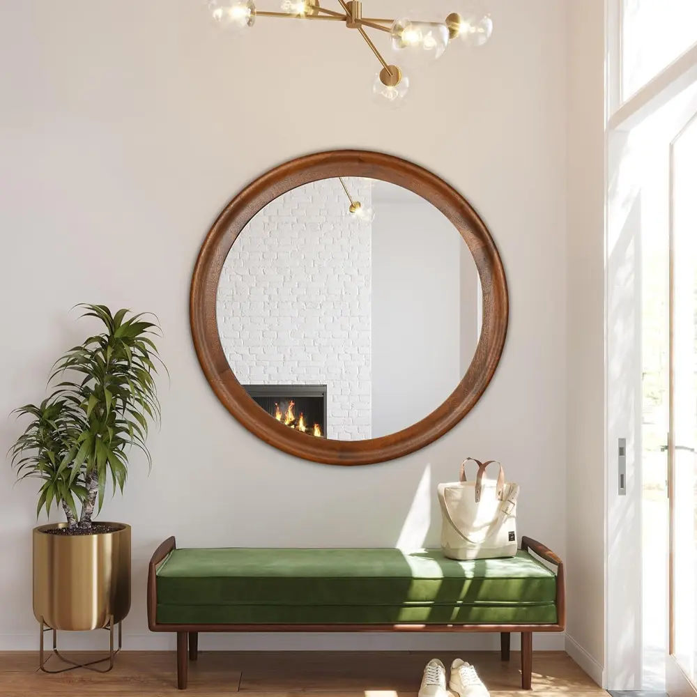 36 Inch Circle Decorative Mirror with Walnut Frame