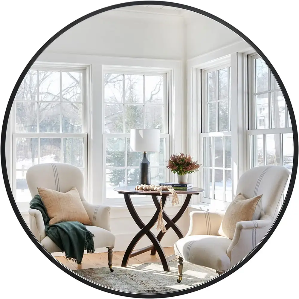 36 Inch Round Mirror, Black Wall Mounted Circle Mirror with Metal Frame