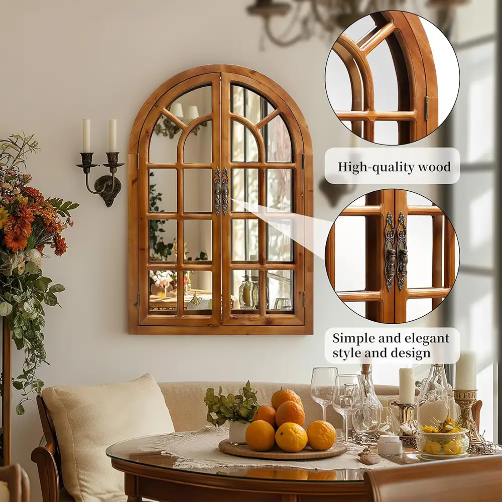 Arched Windowpane Mirror with Wood Frame