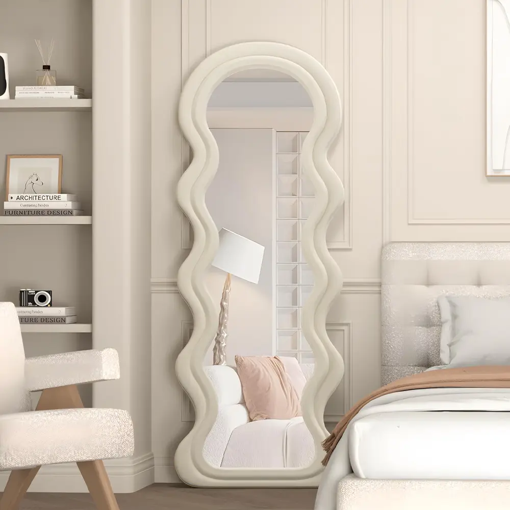 Full Length Mirror, 63＂ x 24＂ White Irregular Wavy Mirror