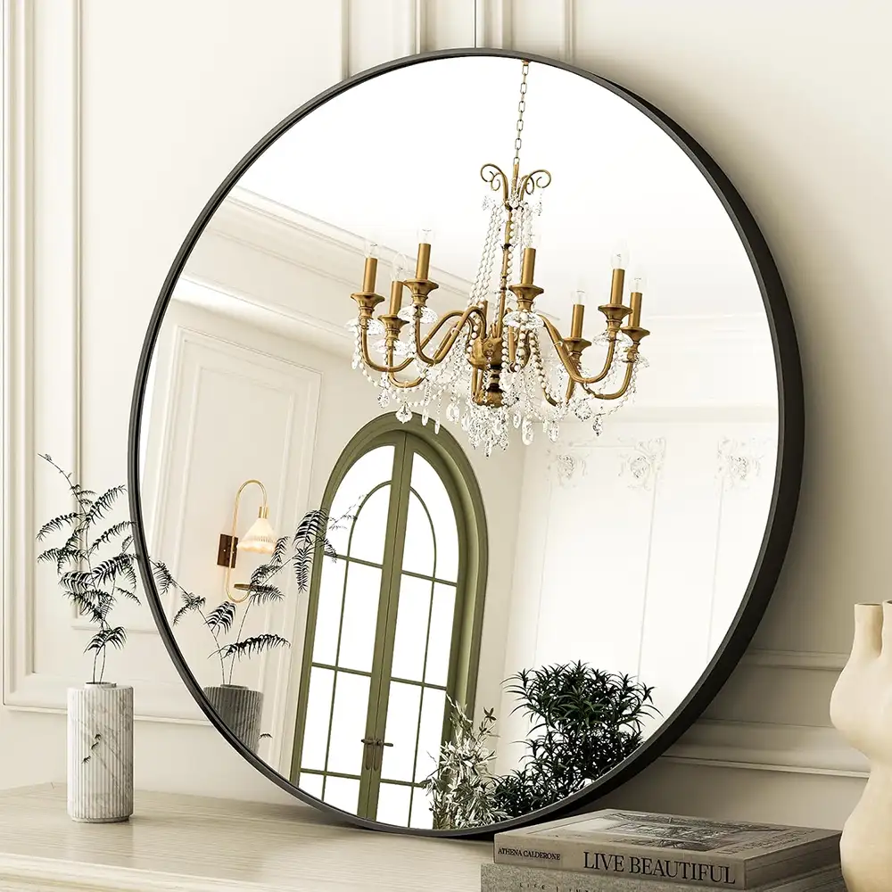 Round Mirror 24 Inch, Black and Gold Frame